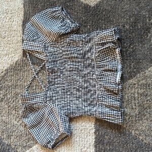 Nordstrom Black and White Puff Sleeve Blouse with Smocked Ruffles Gingham  Crop